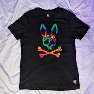 Psycho Bunny Black Tie Dye Graphic Tee shirt, skull logo, size X-SMALL